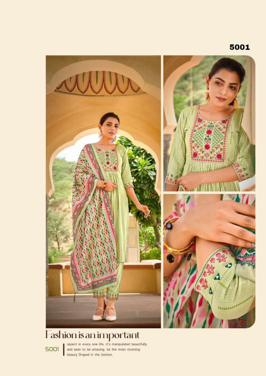 GULMAHOR VOL 2 PREMIUM LIVA TAG RAYON THREAD AND HANDWORK KURTI WITH PANT AND MUSLIN DIGITAL PRINT DUPATTA BY S3FOREVER BRAND 5001 C